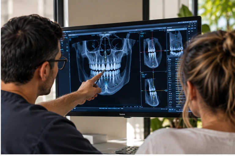 Illustrative dental consultation reviewing three-dimensional imaging