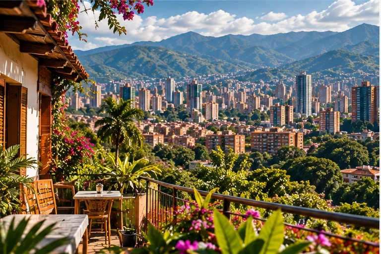 Illustrative mountain-city destination scene inspired by Medellin